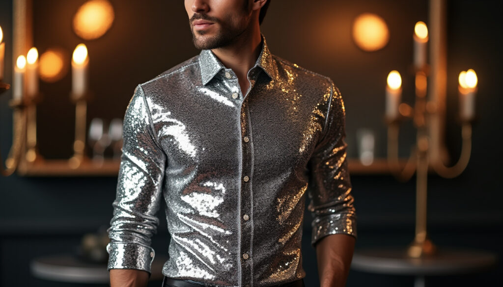 découvrez notre chemise à paillettes pour homme, élégante et brillante, idéale pour illuminer vos soirées et événements festifs avec style et sophistication.